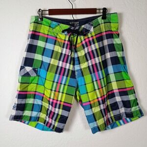 Old Navy Men's Size L Neon Multicolor Plaid Swim Board Shorts Lined Pocket